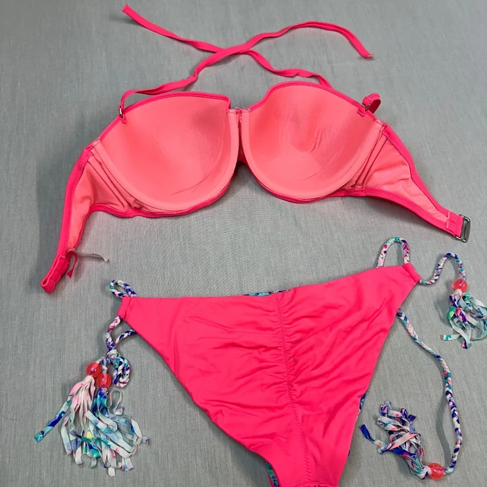 Victoria's Secret Push Up Bikini Reversible Bottoms size L 36DD Fringe Hot Pink - Picture 5 of 6